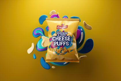 Tutustu Estrella Cheese Puffs -juustopakkauksen eläväiseen pakkausilmeeseen, jossa yhdistyvät leikkisä energia ja rohkea visuaalisuus ja joka kiehtoo välipalojen ystäviä.